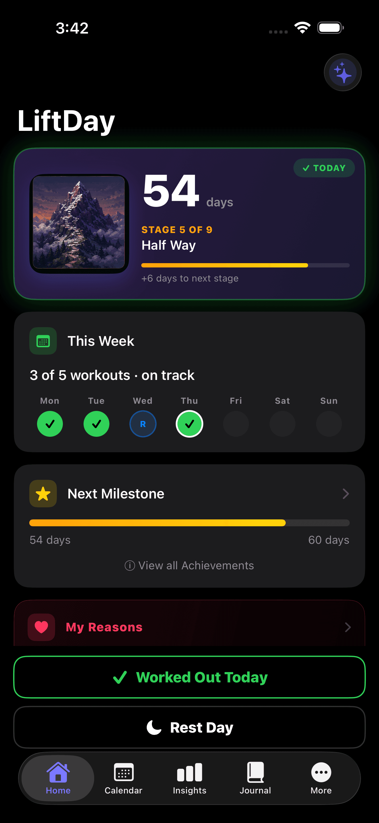 LiftDay home screen showing a 54-day workout streak and stage 5 of 9 on the climb